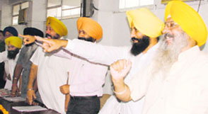Akali councillors make a point during the general house meet in Ludhiana on Monday.