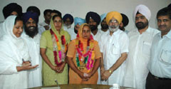 Newly elected chairperson and vice chairperson of Zila Parishad along with senior SAD (B) leaders in Bathinda on Tuesday.