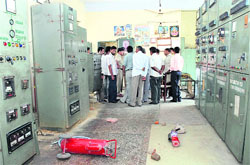A view of the power substation at Ram Nagar in Karnal which was damaged on Monday night by residents protesting against disruption in the electricity supply