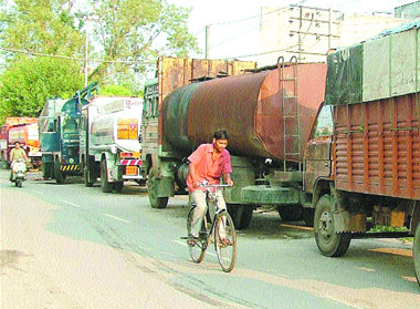 Wrongly parked tankers near Madan Flour Mill Chowk pose a major problem for area residents.
