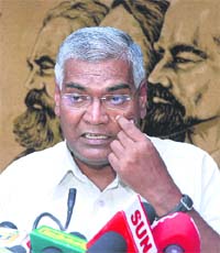 CPI National Secretary D. Raja addresses at a press conference at his party office in New Delhi