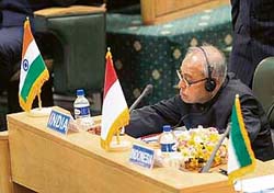 External affairs minister Pranab Mukherjee attends the opening of the 15th foreign ministerial conference of the Non-Aligned Movement in Tehran on Tuesday.