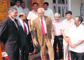 Governor N.N. Vohra interacts with a Pak delegation in Srinagar on Wednesday.
