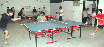 Players in action during the Ludhiana PAU Zone Table Tennis Tournament at Alpine International Senior Secondary School in Ludhiana.