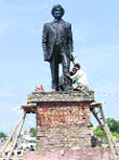 Workers give final touches to the bronze statue of Shaheed Udham Singh at Sunam on Wednesday.