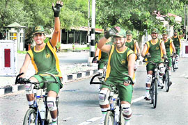 Members of the Pine Division cycle expedition after being flagged off from Chandimandir on Friday.