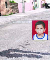 Blood stain at the spot where the child (inset) was crushed by a car in Chandigarh