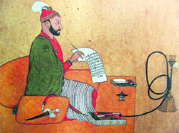 Prince Balwant Singh of Jasrota writing a letter. By Nainsukh of Guler. Pahari, dated 1758.
