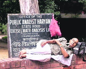Vishambar Dass takes a nap outside the office of the public analyst, Haryana, in Chandigarh’s Sector 11 on Tuesday.