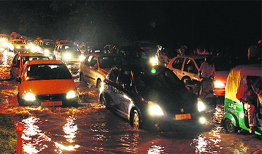 A traffic jam near the Tribune chowk after heavy rain in Chandigarh on Wednesday.