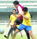 A match in progress between PAU coaching centre and Jassowal Kolar during Ludhiana District Inter School Foorball championship being played at Guru Nanak Stadium in Ludhiana. Tribune photo Sayeed Ahmed