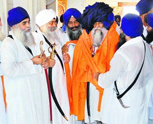 The Jathedar of Patna Sahib, Giani Iqbal Singh, and other Sikh leaders after Dastar ceremony of Jathedar of Akal Takht Giani Gurbachan Singh in Amritsar on Thursday.