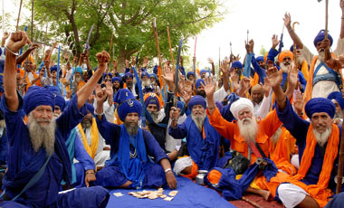 Nihangs belonging to the Baba Surjeet group staging a protest outside the Mini-Secretariat in Bathinda on Friday.