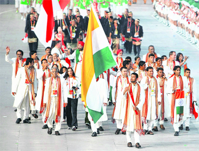 Indias Olympic team follow their national flag-bearer Rajyavardhan Singh Rathore during the opening ceremony of the Beijing 2008 Olympic Games at the National Stadium on Friday.