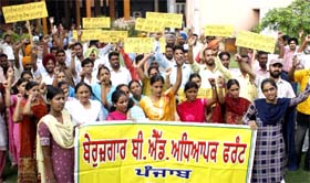 Unemployed B.Ed teachers taking out a procession in Bathinda
