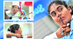 Indian archers Dola Banerjee (inset top), Bombayla Devi (inset below) and Pranitha Vardineni aim during a ranking round of the womens archery competition in Beijing