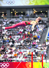 Germany's Fabian Hambuchen competes on the horizontal bars during the men's qualification of the artistic gymnastics event of the Beijing 2008 Olympic Games in Beijing