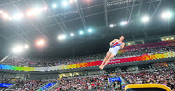 A South Korean gymnast leaps in the air as he competes on the vault during the mens qualification of the artistic gymnastics event of the Beijing 2008 Olympic Games in Beijing