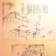 An original design wherein Leonardo conceived how humans can fly with wings