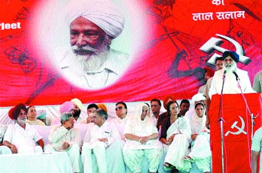Punjab CM Parkash Singh Badal addresses a gathering during the bhog ceremony of CPI (M) icon Harkishan Singh Surjeet at the latters native village Bundala near Jalandhar on Sunday.