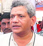 Senior CPM leader Sitaram Yechury interacts with mediapersons at Bundala village in Jalandhar on Sunday. 