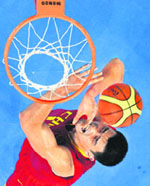 China's Yao Ming scores in the men's preliminary round group B basketball match against US at the Olympic basketball gymnasium on Sunday. US won 101-70.