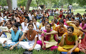 Students staging protest against the authorities at the Government Rijindera College in Bathinda on Monday. 