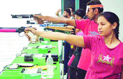Budding shooters during a practice session at the PAP Indoor Range in Jalandhar on Monday.
