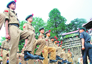 NCC cadets rehearse for the Independence Day function at The Ridge in Shimla on Tuesday.