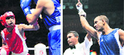 Jitender Kumar (L) fights Turkey's Furkan Ulas Memis during their Flyweight (51 kg) boxing bout in Beijing on Tuesday. Jitender won 13-2.  AFP/Indias Akhil Kumar is declared winner after defeating Frances Ali Hallab during their Bantamweight (54 kg) boxing bout in Beijing