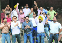 Punjab Universitys law students protest outside the department on Wednesday. 