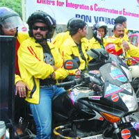Bikers get ready to participate in the "Peaks of Peace: The Himalayan Challenge'08", which was flagged off by Petroleum minister Murli Deora in New Delhi on Wednesday.