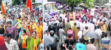 Members of the VHP take out a protest rally during the bandh call by various Hindu bodies at the National Highway No. 22 in Shimla; and (right) a rally in progress on the Pathankot-Mandi national highway at Nurpur