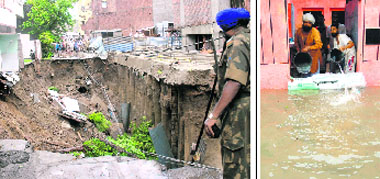 A lane adjoining a mall on the Batala road caved in due to heavy rain in Amritsar on Wednesday; and (right) residents 