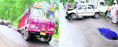 The truck that caused the accident and the Maruti car that was hit on the Zirakpur- Banur road on Thursday.