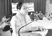 A poetess recites verses at the Multi-Lingual Kavi Sammelan held at GCM 11 organised by Chandigarh Sahitya Akademi.
