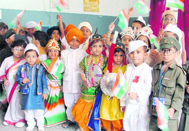 Students of GMT School celebrate Independence Day in Ludhiana on Thursday.