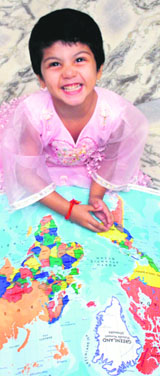 Anvita who can put her finger without blinking on Ecuador, Alaska, Turkmenistan, Kazakhstan, Uzbekistan, Afghanistan, Falkland islands in the map as well.