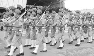 A Haryana police team participates in marchpast in Ambala Cantonment on Friday.