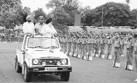 Capt Kanwaljit Singh takes salute from the parade during the Independence Day celebrations in Patiala on Friday.
