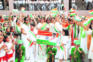 Students of the DAV School celebrate Independence Day in Mohali on Saturday.