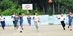 Players in action during the two-day inter-school basketball competition at Sri Guru Harkrishan Public School, Doraha, on Friday.