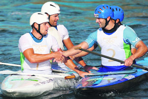 Pavol (L) and Peter Hochschorner (2ndL) of Slovakia shake hands with Jaroslav Volf and Ondrej Stepanek (R) of Czech Republic after finishing the men's canoe double (C2) final at the Beijing 2008 Olympic Games on Friday. 