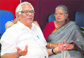 Noted mathematician Prof R.P. Bambah shares a light moment during a symposium organised in his honour at the Transit Campus of IISER, Mohali, in recognition of his services to Mathematics education and research on Saturday.