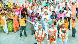 ISKCON devotees take part in a nagar sankirtan procession organised at the Sector 17 Plaza, Chandigarh, on Saturday.