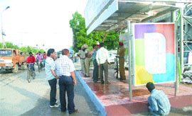 a bus queue shelter being readied for the launch of city bus service by CM Parkash Singh Badal in Jalandhar