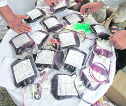Kashmiri paramedics arrange blood donated by  volunteers for those who were injured during recent protests, in Srinagar on Saturday.