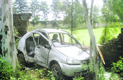 The Indica car which met with an accident on the Sahnewal-Dehlon road