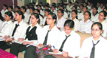 Students attend a three-day workshop at MTSM College for Women in Ludhiana on Sunday.