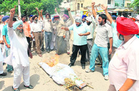 Farmers burn effigy of MLA Raj Khurana in Rajpura on Monday.